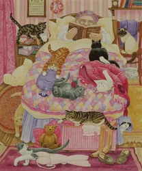 Abuela y 10 gatos en el dormitorio